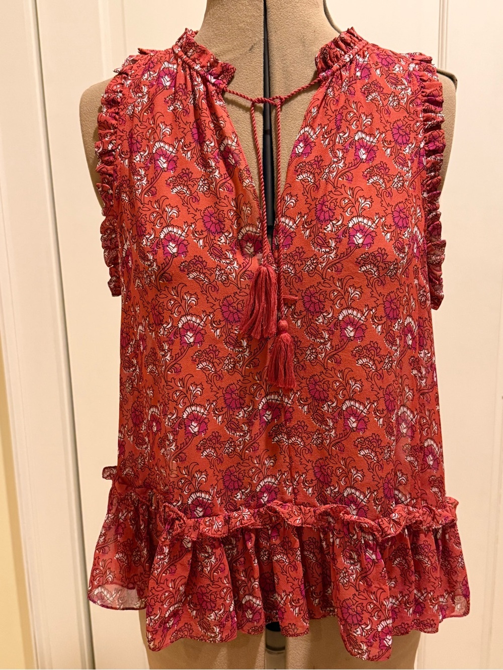 Ulla Johnson Silk Red Paisley Ruffle-Trim Sleeveless Camisole
